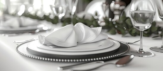 Serving setting the table Plate silverware cutlery white linen napkin Wedding table decor Artwork Side view Close up. Copy space image. Place for adding text and design