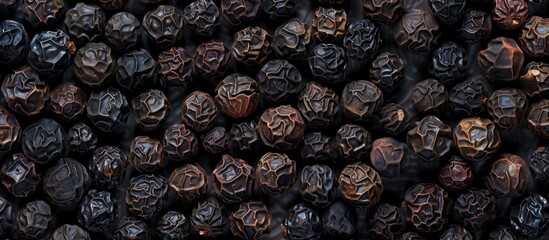 Obraz premium Background of black dry peppercorns Macro photography. Copy space image. Place for adding text and design