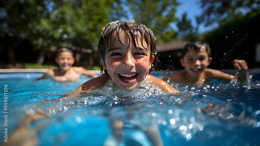 Sticker Children joyfully swimming in a pool on a sunny day.