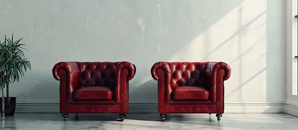 Poster armchairs featuring a red leather seat. copy space image. place for adding text and design