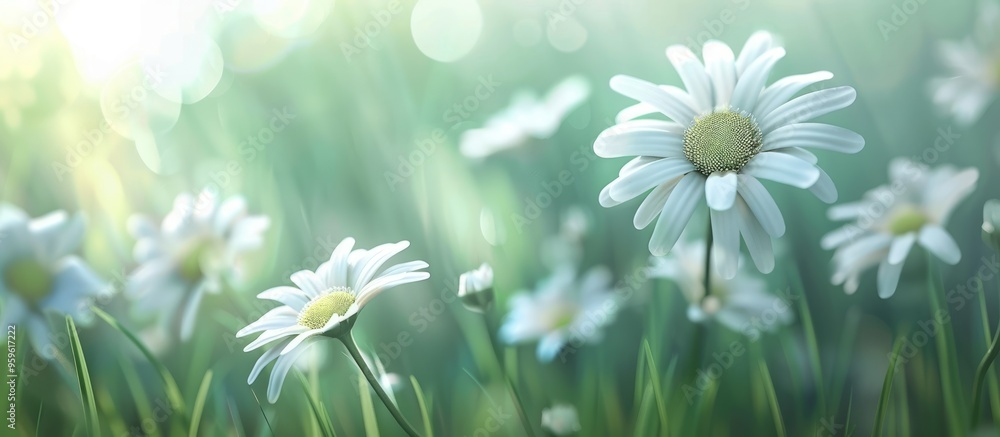 Poster close up of blooming small daisies with embossed petals in the field. copy space image. place for ad