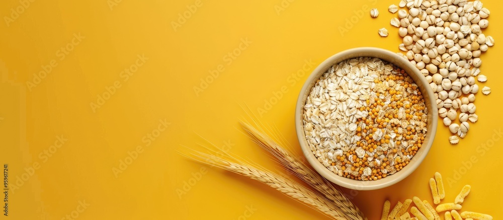 Sticker Bowl of cereals rice oats buckwheat on a yellow background top view with ears and copy space