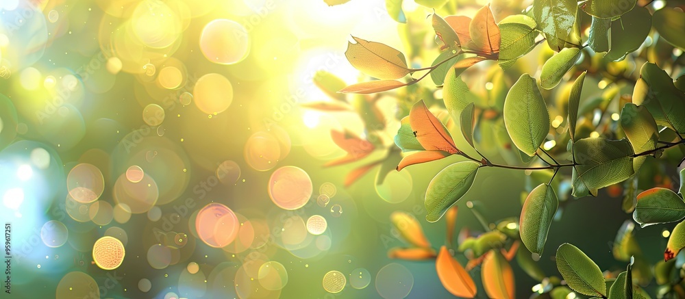 Poster bokeh background featuring abstract blurred leaves and vibrant summer sunlight. copy space image. pl