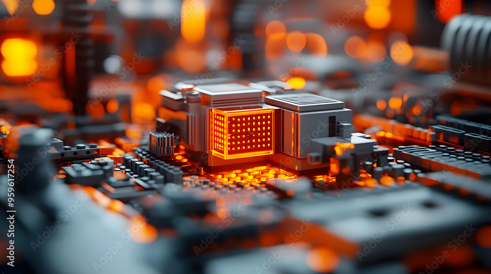 Poster close-up of a futuristic circuit board with glowing components.