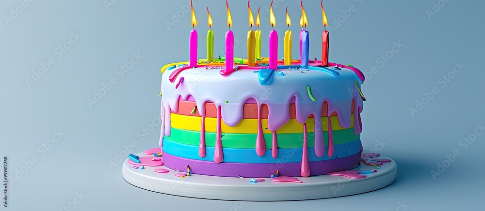Poster rainbow birthday cake adorned with colorful candles and drizzled icing. copy space image. place for 