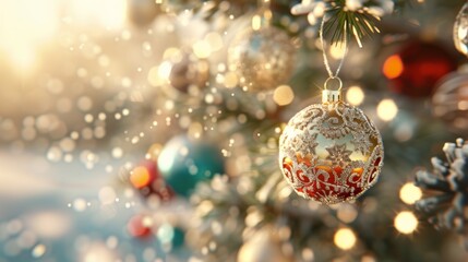 Fototapeta premium Sparkling Christmas ornament hanging on a snow-covered tree, radiating festive vibes with warm sunlight filtering through.