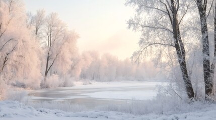 A snowy winter scene with a frozen lake and a forest of trees covered in frost.
