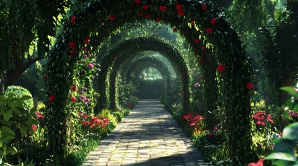 A stone path through a lush garden lined with rose covered arches leading to a bright, sunny opening.