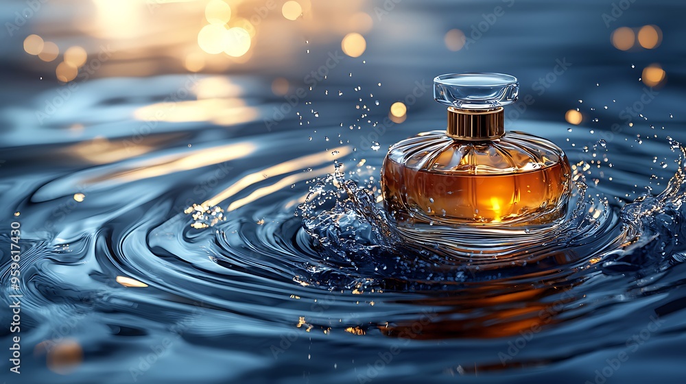 Poster a perfume bottle splashing in water with a bokeh background, creating a luxurious, dreamy scene.