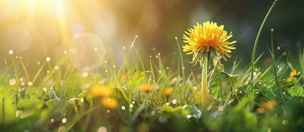 Aufkleber yellow dandelion among the grass. copy space image. place for adding text and design