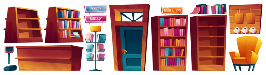 Book shop furniture and goods set isolated on white background. Vector cartoon illustration of literature on bookstore shelves, postcard rack, yellow armchair, cash register, wooden counter, souvenirs © klyaksun
