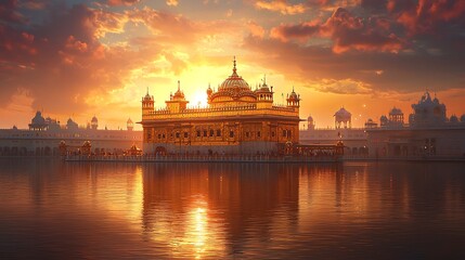 The Golden Temple at sunrise, reflecting beautifully in the surrounding water.