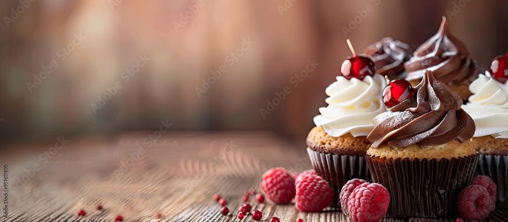 Canvas Prints Beautiful and tasty cupcakes on the table A collection of delectable sweet treats topped with cream. Copy space image. Place for adding text and design