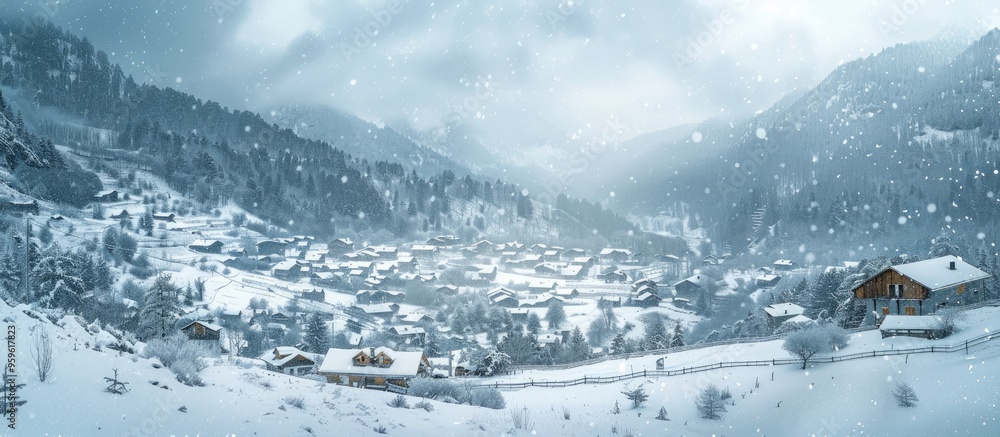Poster aerial view of a small village in snowy mountains under overcast weather during a snowstorm. copy sp