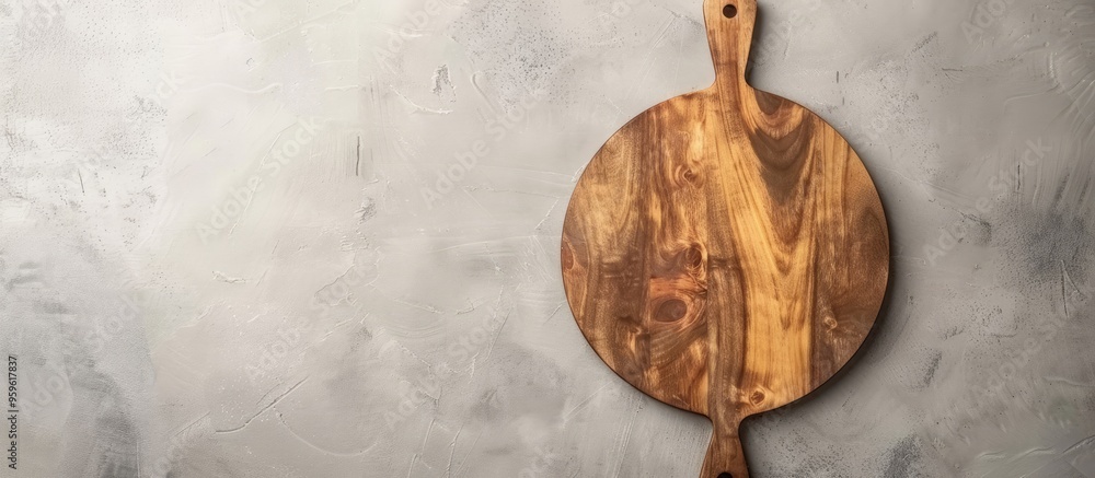 Poster wooden cutting board set against a grey background rustic serving platter for slicing pizza and brea