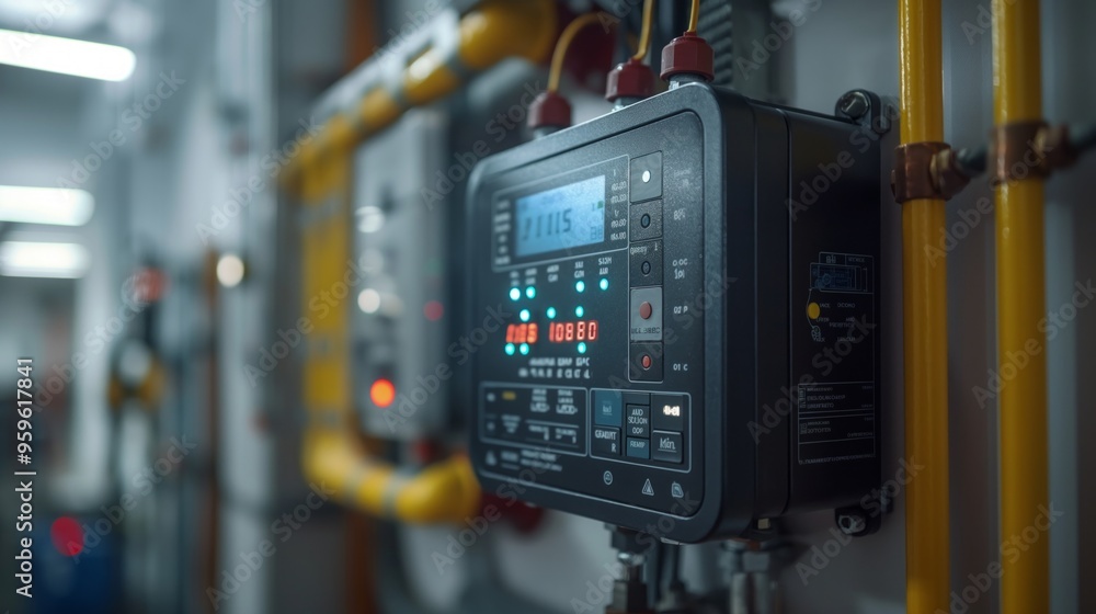 Poster an industrial control panel displaying data with pipes and cables in the background.