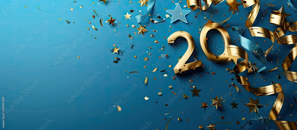 Poster banner featuring a gold colored number 20 ribbons and shiny star confetti on a blue background selec