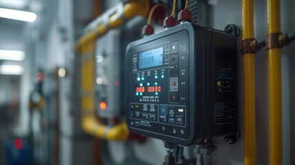 An industrial control panel displaying data with pipes and cables in the background.