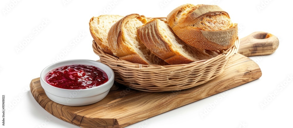 Poster slices of whole grain french bread placed in baskets with strawberry jam on a wooden chopping board 