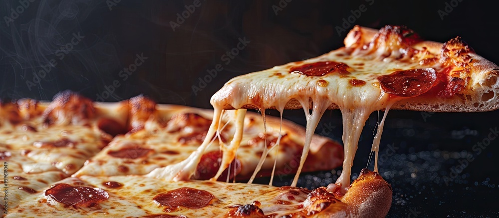 Poster melted mozzarella cheese pizza set against a dark background. copy space image. place for adding tex