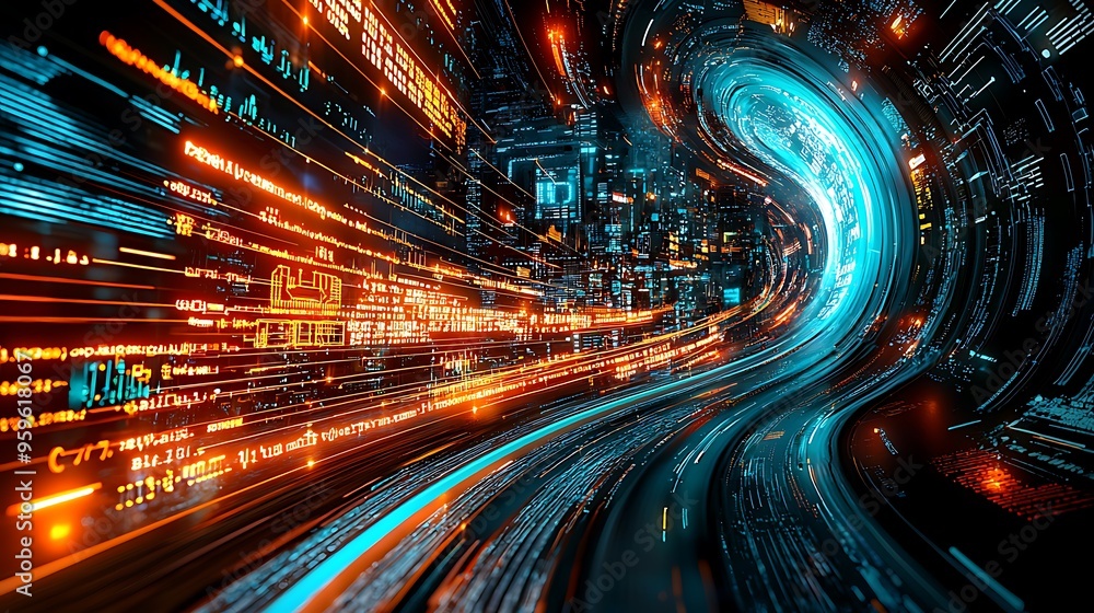 Poster an abstract digital tunnel with orange and blue lights and flowing code, representing the future of 
