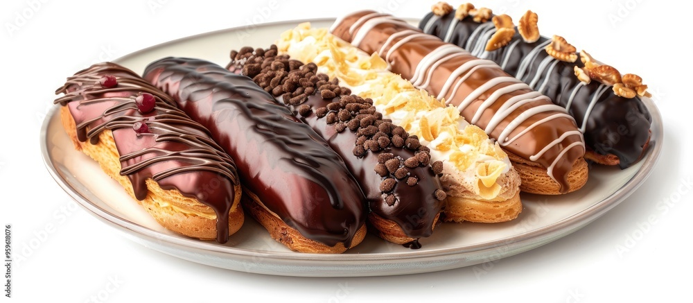 Poster plate with assorted glazed eclairs set against a white background. copy space image. place for addin