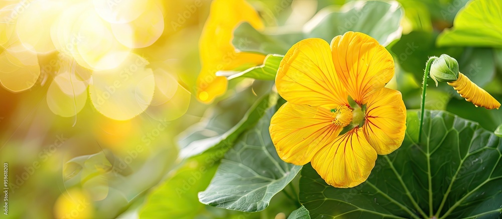 Poster a close up of a yellow nasturtium flower shining in the summer sunlight. copy space image. place for