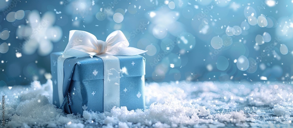 Poster blue gift wrapped in a white bow set on snow with a snowflake backdrop festive present. copy space i