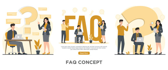 Flat vector faq faqs concept illustration frequently asked questions Man and woman with laptop and question mark. 