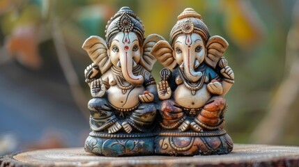 Fototapeta premium Indian couple celebrating ganesh chaturthi with a ganesha sculpture in hand, embracing tradition
