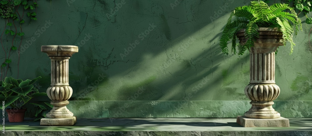 Aufkleber decorative stone pedestals on a green backdrop. copy space image. place for adding text and design