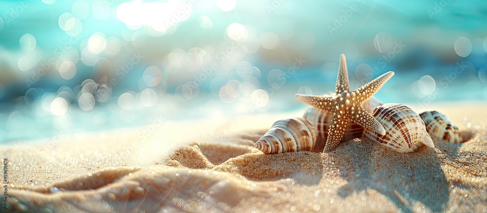 Poster marine still life on sand in bright sunlight. copy space image. place for adding text and design