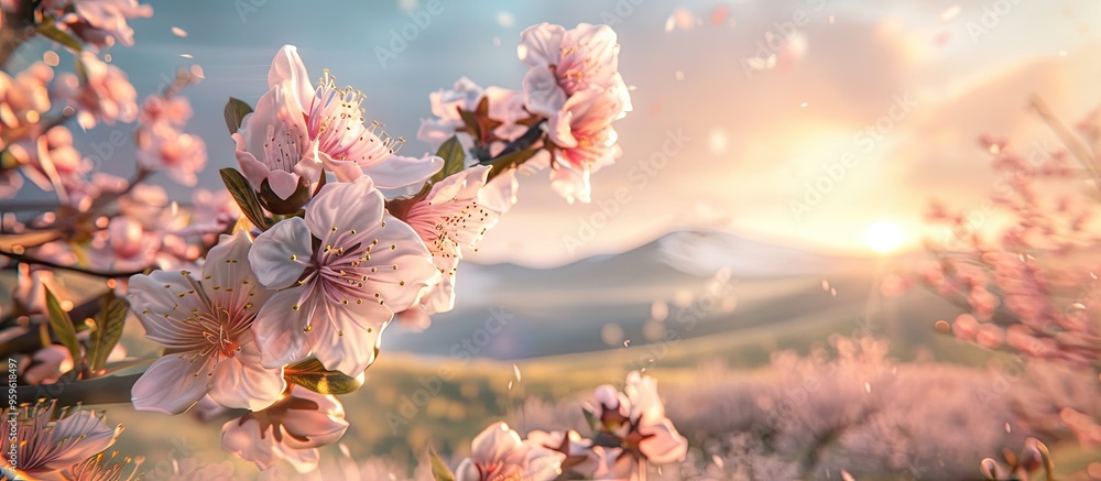 Poster almond blossoms in full bloom with a hill in the background. copy space image. place for adding text