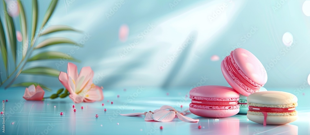 Poster arrangement of tasty macaroons on a blue table a delightful dessert. copy space image. place for add