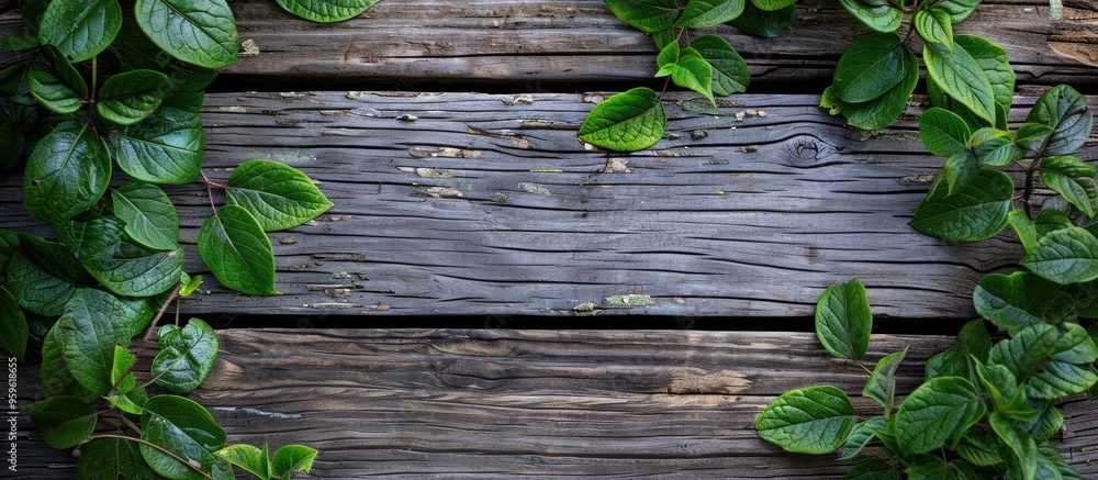 Poster green leaves on weathered wood background. copy space image. place for adding text and design