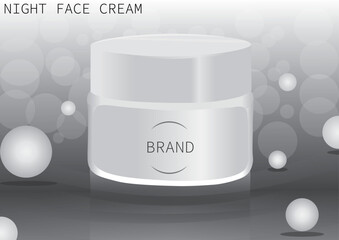 Vector cosmetic promo poster for make-up remover. White plastic bottle and carton pack for micellar water stands on wavy water surface on white glowing background with air bubbles Mock up for magazine