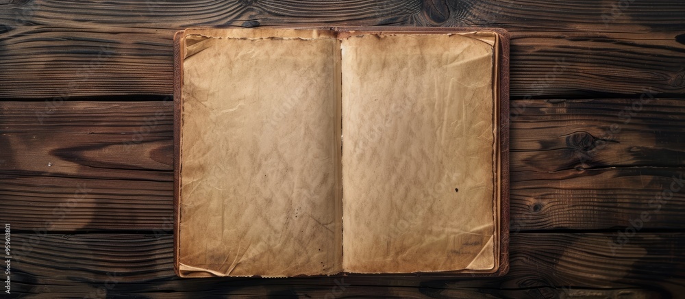 Poster open blank vintage notebook on a wooden desk with empty space for your art or text presentation. cop