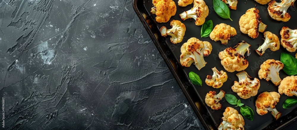 Poster roasted cauliflower on a baking tray. copy space image. place for adding text and design