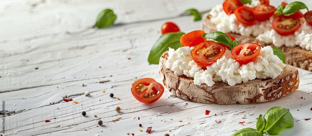 Poster slice of bread topped with cottage cheese and tomatoes on a white wooden surface. copy space image. 