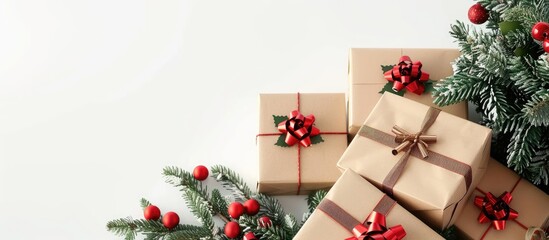 Gift boxes wrapped in recycled paper and a Christmas tree set against a white background promotional discount idea Christmas sales copy space