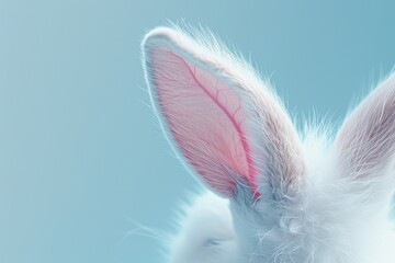Close-up view of a fluffy white rabbit ear placed delicately on a gentle pastel blue backdrop, evoking the spirit of Easter in a whimsical 3D rendition