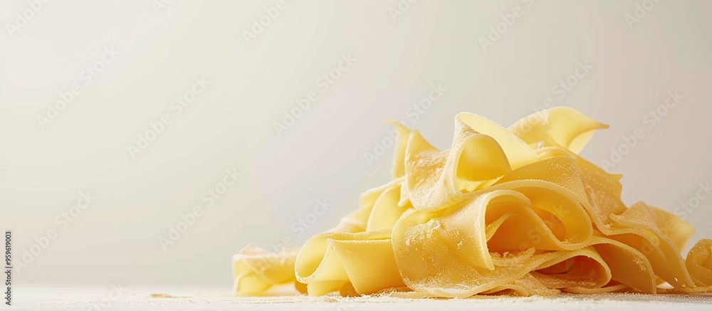 Poster pasta paccheri on a white backdrop focused selectively. copy space image. place for adding text and 