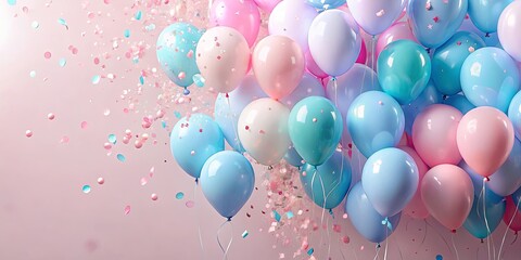 Dreamy balloon celebration with pastel pink and blue confetti floating in the air