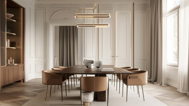 Quiet luxury dining room with a sleek, custom-made oak dining table, paired with leather chairs and simple, elegant brass light fixtures.