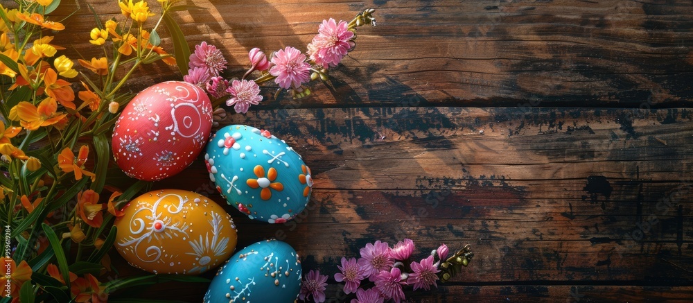 Poster top view of vibrant easter eggs alongside flowers on a wooden table. copy space image. place for add