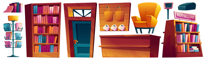 Bookstore interior furniture and equipment cartoon vector set - literature for read and education on racks and showcase, armchair, counter bar with cash register, entrance door, accessories for sale.