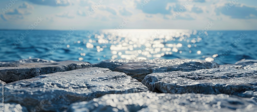 Poster beautiful natural backdrop featuring a blue sea in the background and a stone surface in focus posit