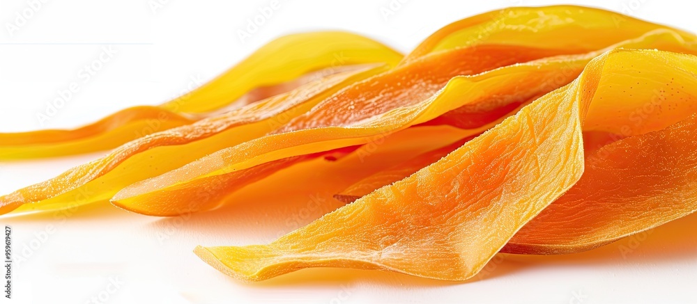 Poster close up of dried mango slices set against a white background. copy space image. place for adding te