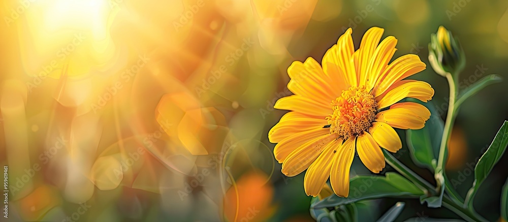 Poster yellow flower with a blurred background. copy space image. place for adding text and design