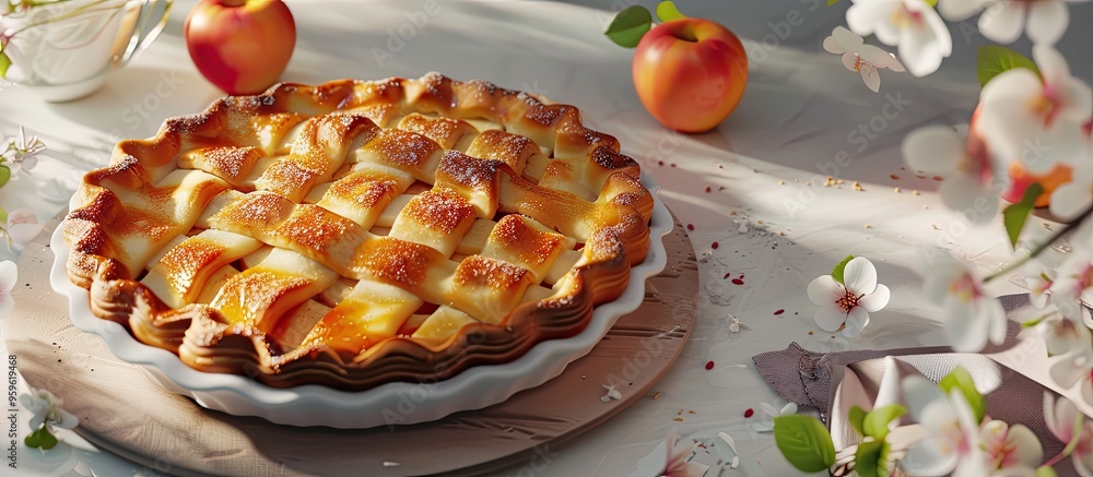 Poster composition featuring a tasty homemade apple pie on a light background vegan option available. copy 